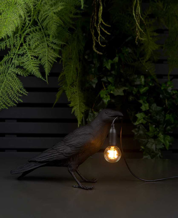 Raven Lamp Illuminating a Dark Corner in a Bedroom