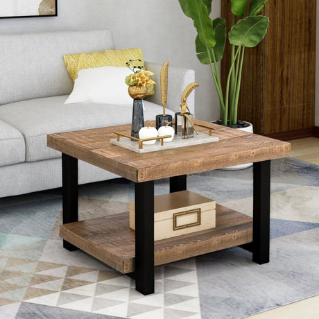 Rustic Natural Coffee Table with Storage Shelf for Living Room