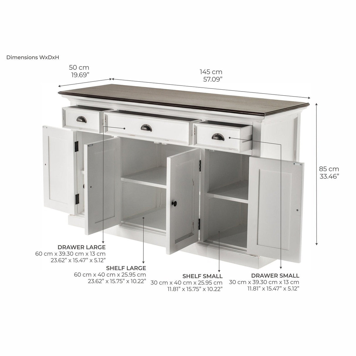 NovaSolo Halifax Accent Buffet with 4 Doors 3 Drawers In White Distress & Deep Brown B192TWD