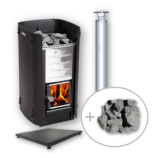 Harvia M3 Wood Burning Stove Package w/ Chimney, Sheath, Floor Protection and Stones