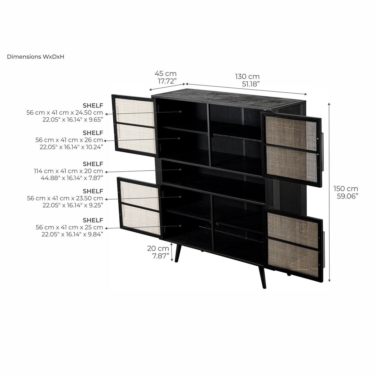 NovaSolo Nordic Mindi Rattan Buffet 4 Doors Black MD RT 19053