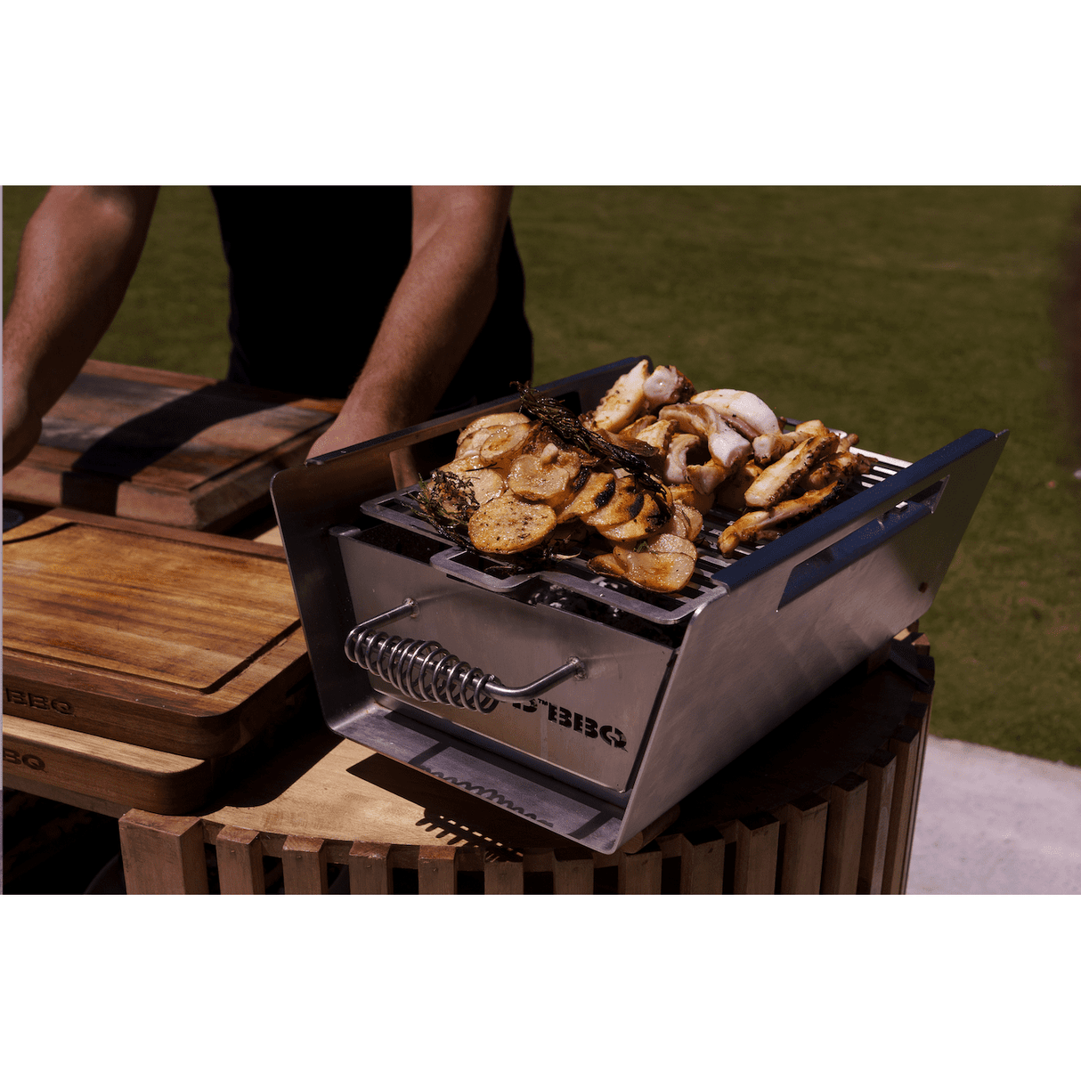 Tagwood BBQ Table Top Warming Brazier | Stainless steel and Acacia wood  | BBQ07SS