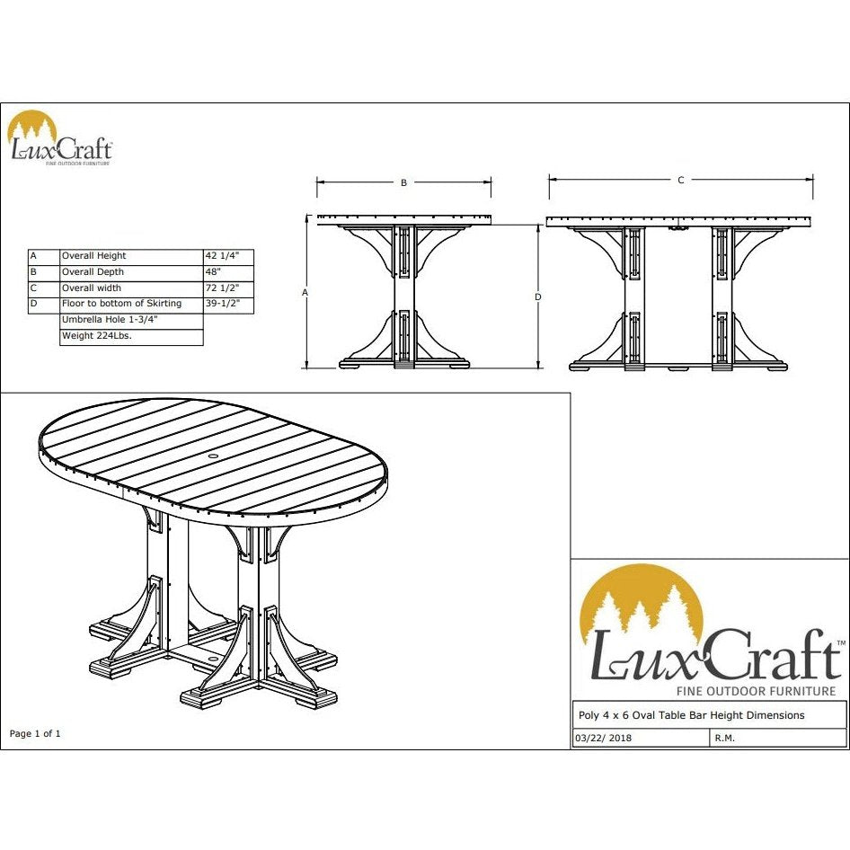 LuxCraft 4' x 6' Bar Height Poly Oval Table