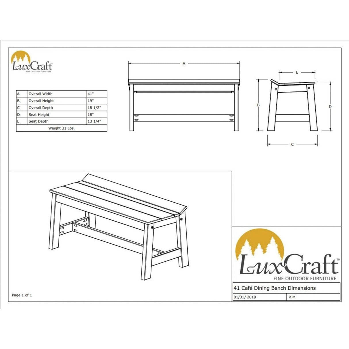 LuxCraft 41" Poly Café Dining Bench