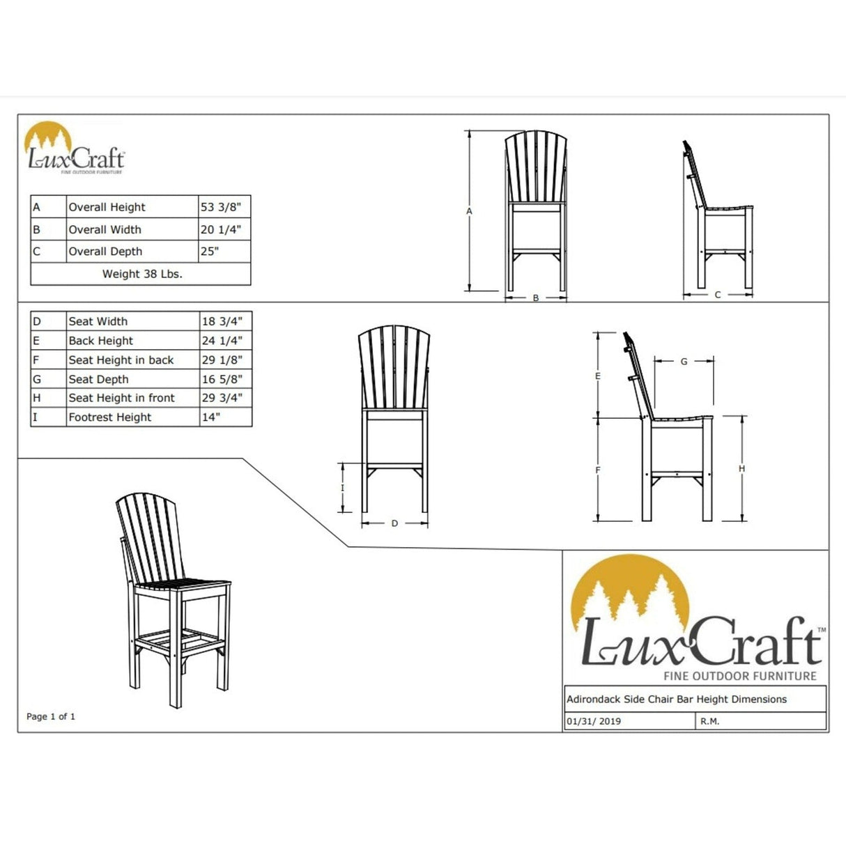 LuxCraft Bar Height Poly Adirondack Side Chair