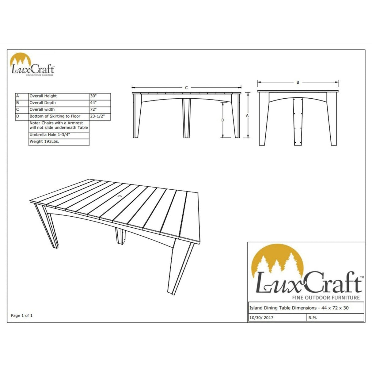 LuxCraft Poly Island Dining Table (44" x 72" Rectangular)