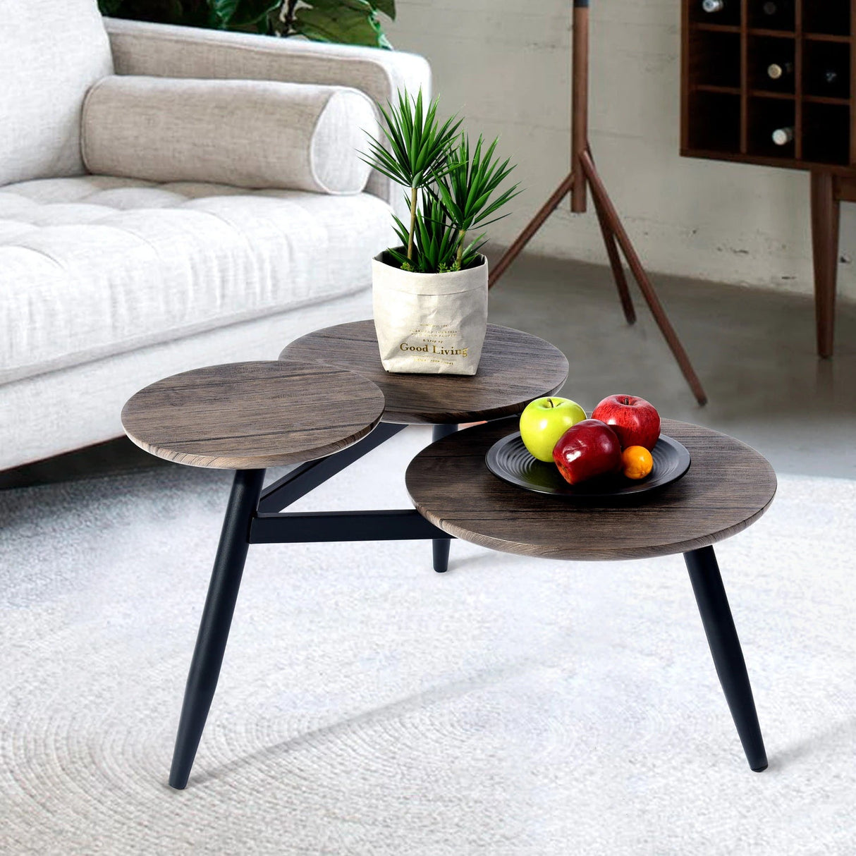 Walnut/Black Coffee Table With 3 Tier Wooden Top