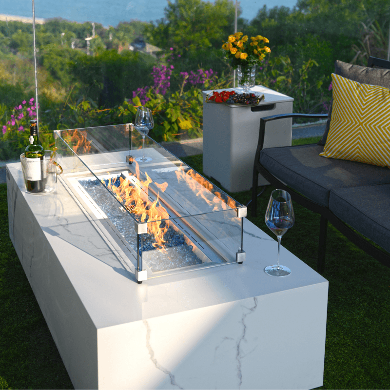 Elementi Plus - Carrara Rectangular Marble Fire Pit Table - OFP121BW