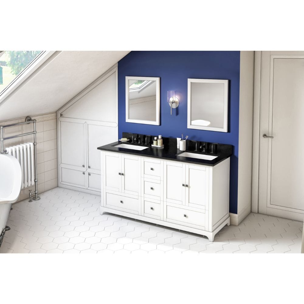 Addington Modern 60" White Double Vanity, Black Granite Top | VKITADD60WHBGR