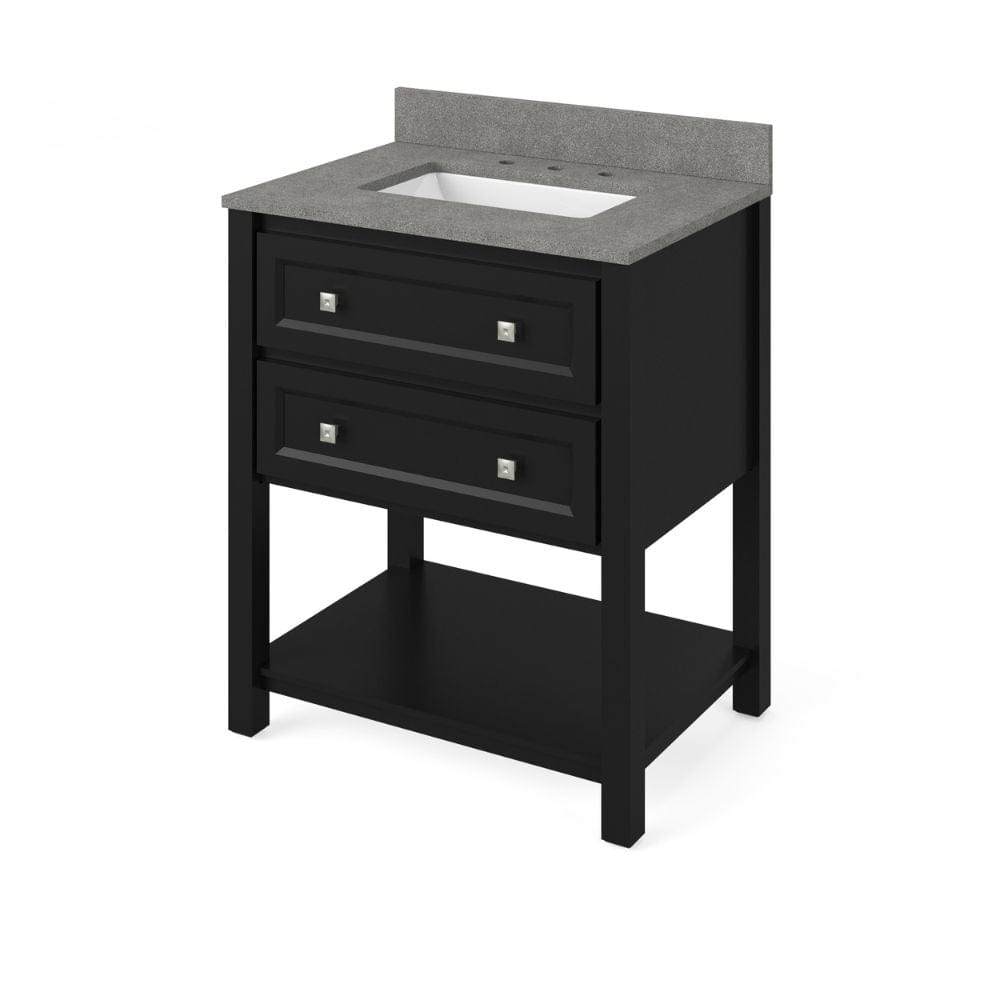 Adler Transitional 30" Black Vanity, Steel Grey Cultured Marble Top | VKITADL30BKSGR