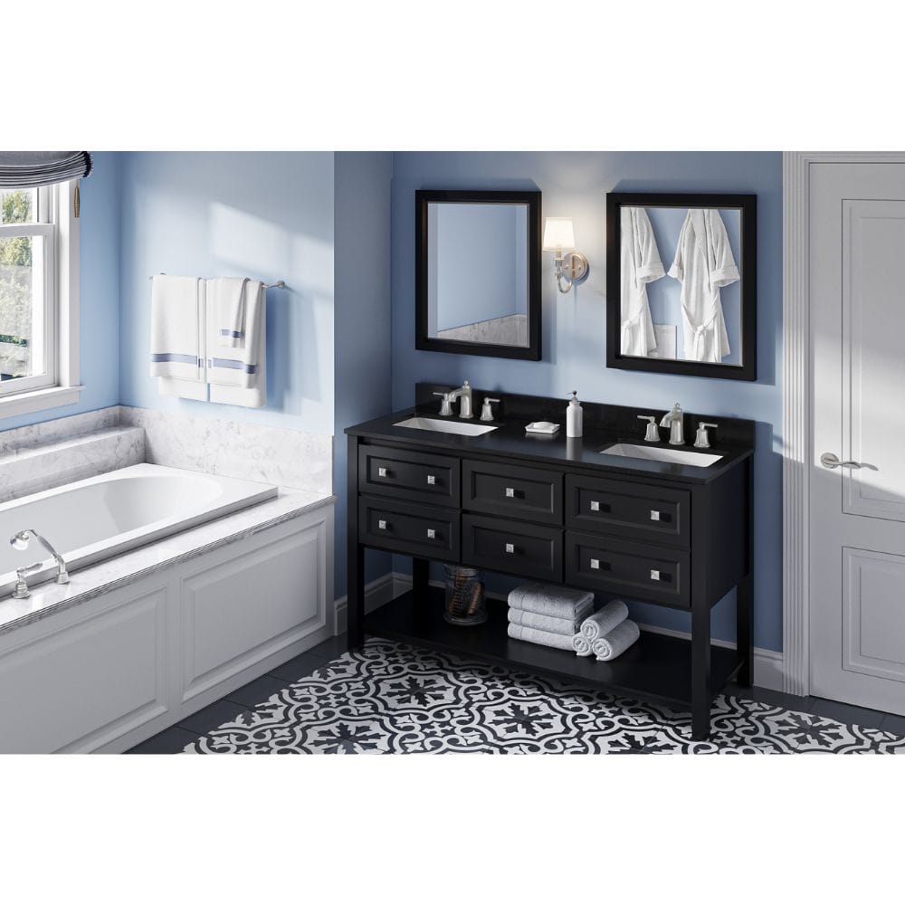 Adler Transitional 60" Black Double Sink Vanity, Black Granite Top | VKITADL60BKBGR