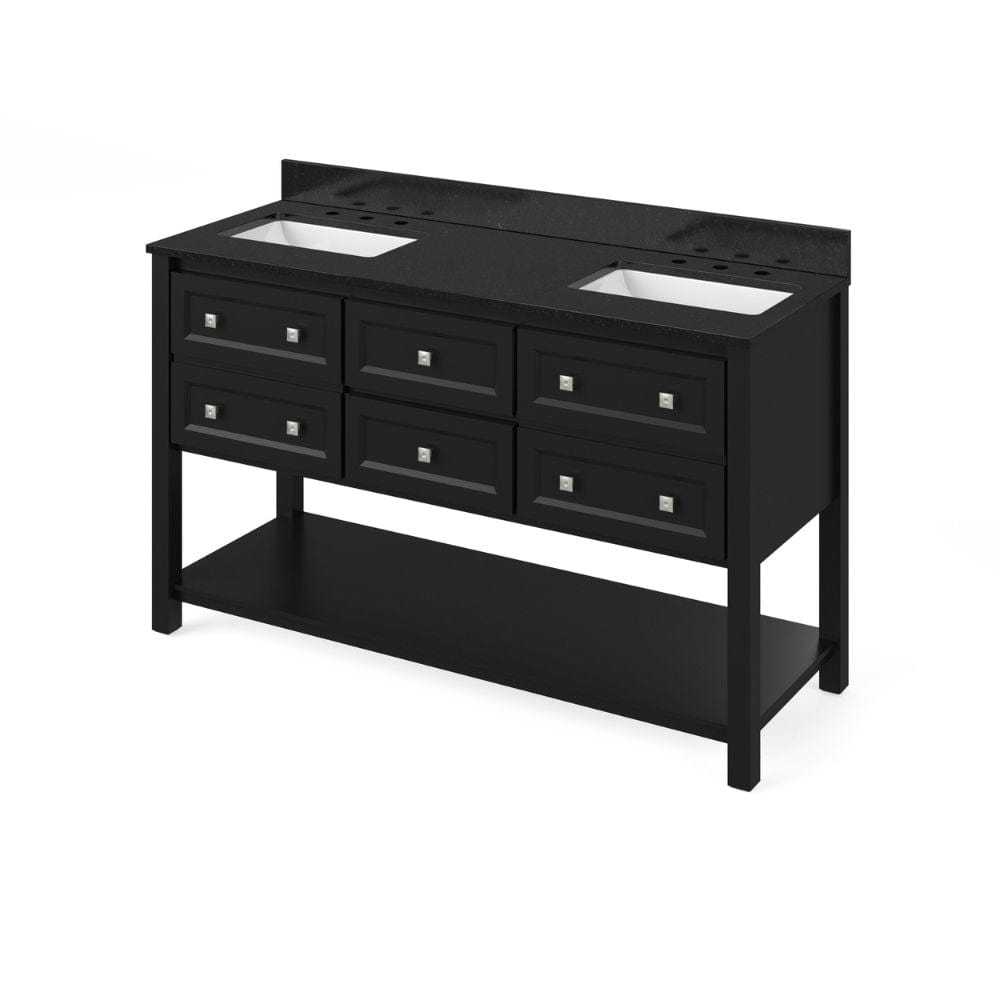 Adler Transitional 60" Black Double Sink Vanity, Black Granite Top | VKITADL60BKBGR