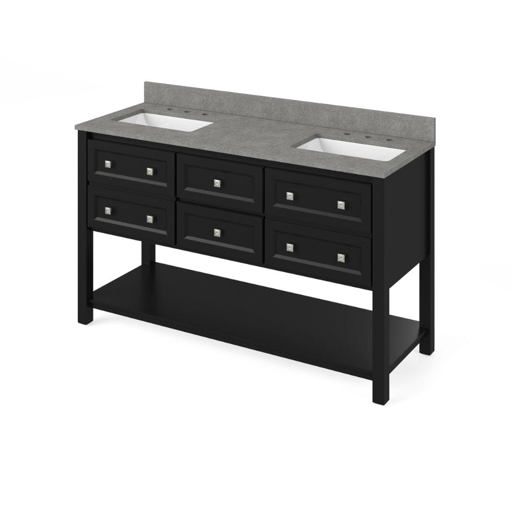 Adler Transitional 60" Black Double Sink Vanity, Steel Grey Cultured Marble Top | VKITADL60BKSGR