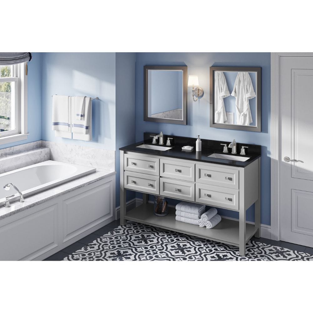 Adler Transitional 60" Grey Double Sink Vanity, Black Granite Top | VKITADL60GRBGR