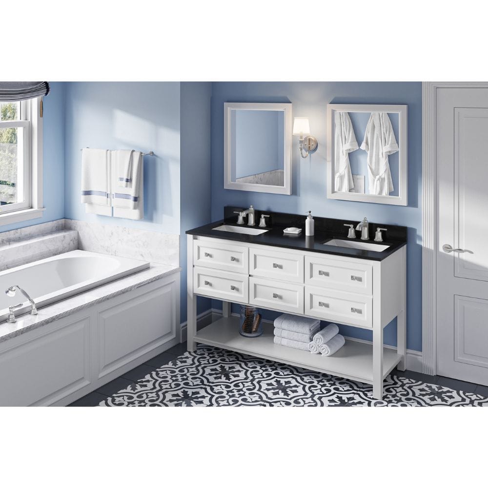 Adler Transitional 60" White Double Sink Vanity, Black Granite Top | VKITADL60WHBGR