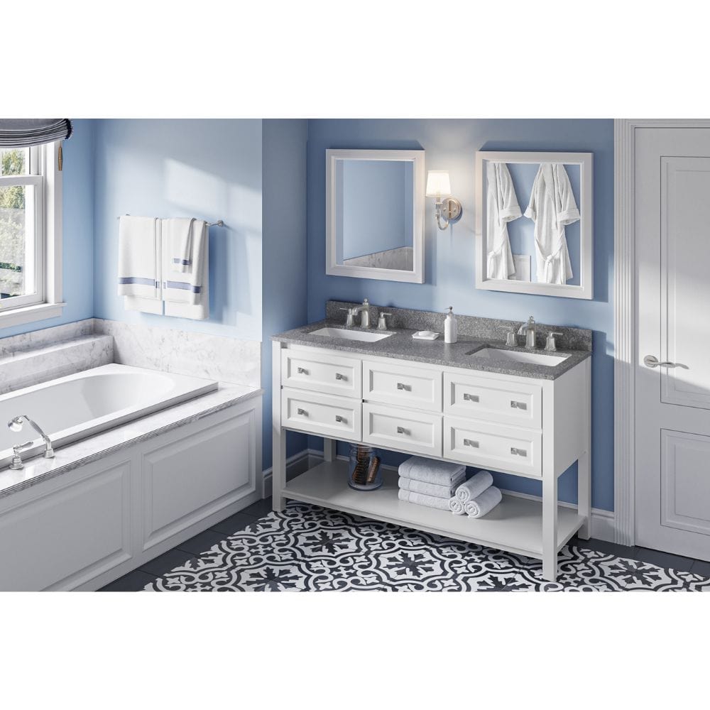 Adler Transitional 60" White Double Sink Vanity, Boulder Cultured Marble Top | VKITADL60WHBOR