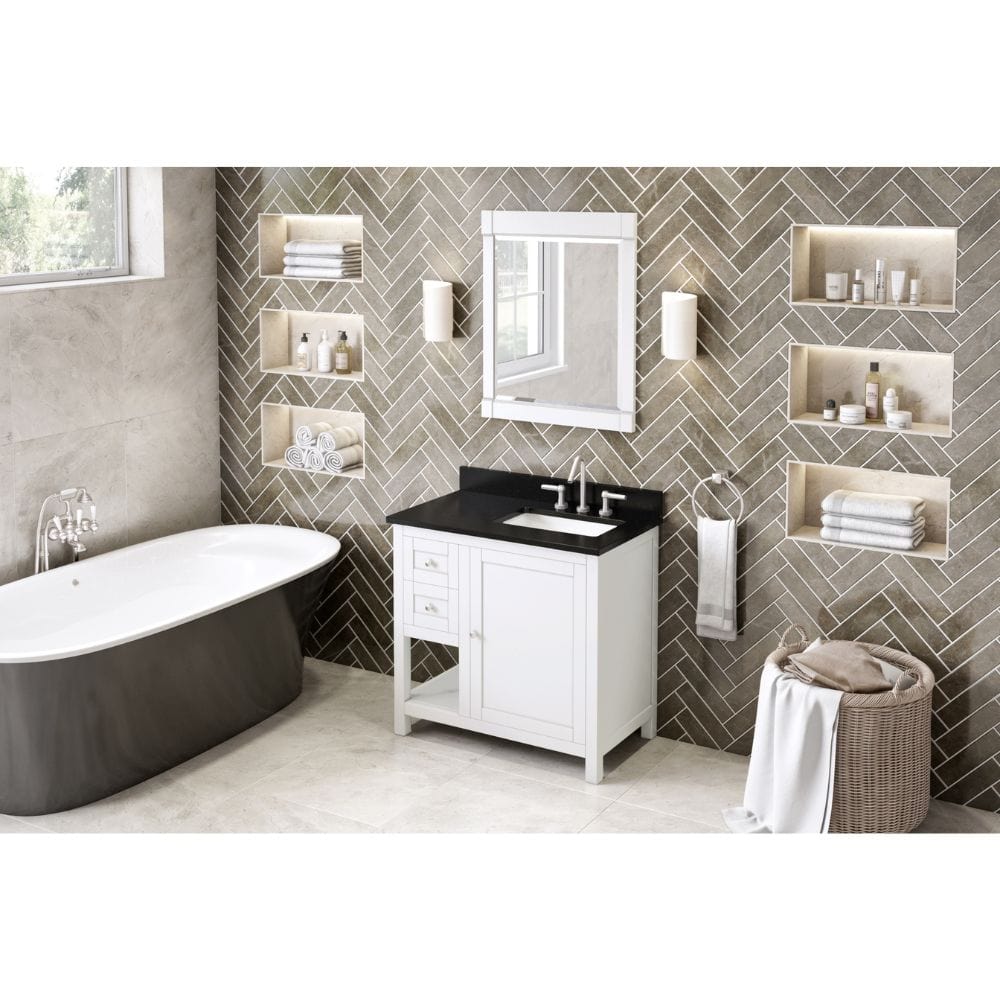 Astoria Transitional 36" White Right Offset Sink Vanity, Black Granite Top | VKITAST36WHBGR