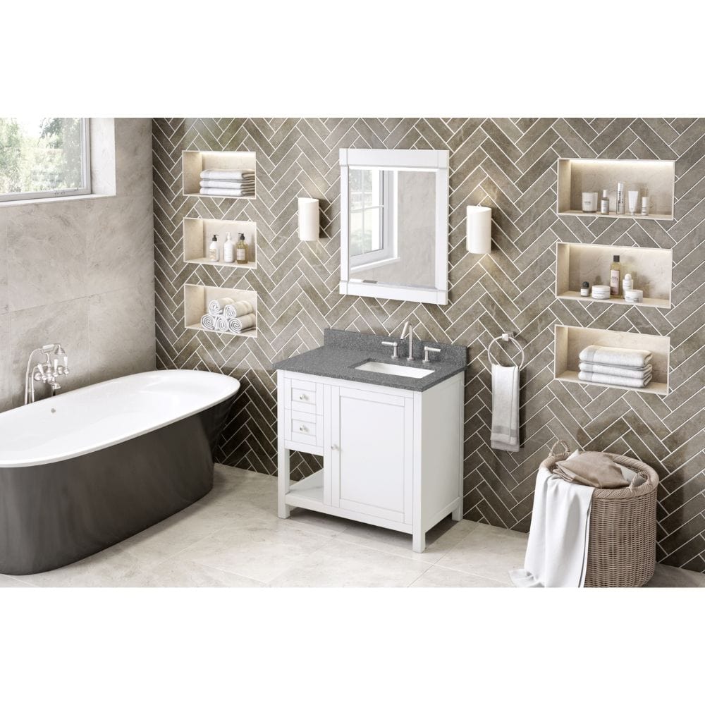 Astoria Transitional 36" White Right Offset Sink Vanity, Boulder Cultured Marble Top | VKITAST36WHBOR