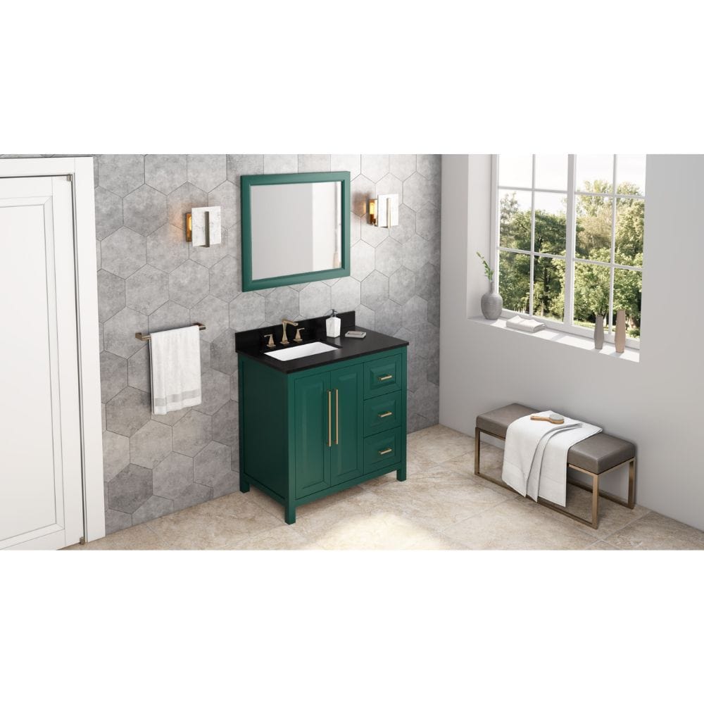 Cade Transitional 36" Forest Green Left Offset Sink Vanity, Black Granite Vanity Top | VKITCAD36GNBGR