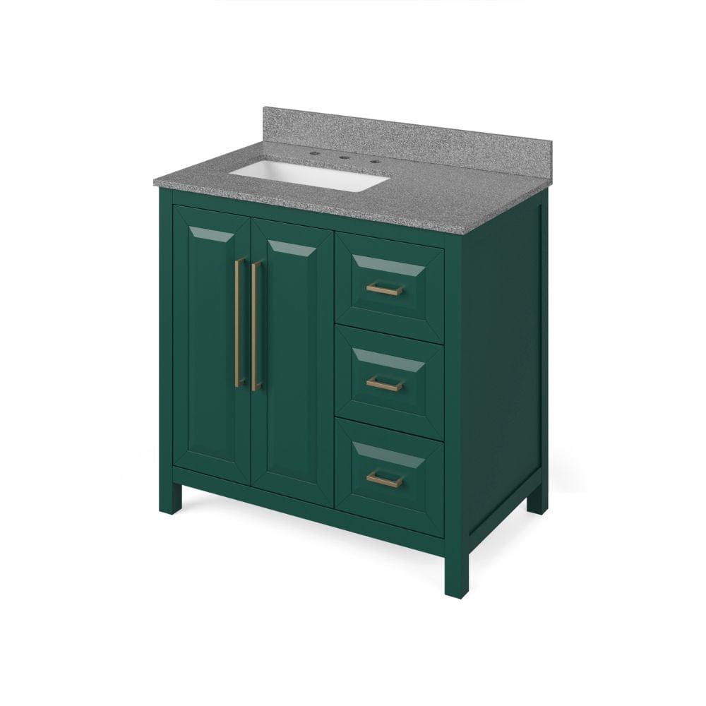 Cade Transitional 36" Forest Green Left Offset Sink Vanity, Steel Grey Cultured Marble Top | VKITCAD36GNSGR