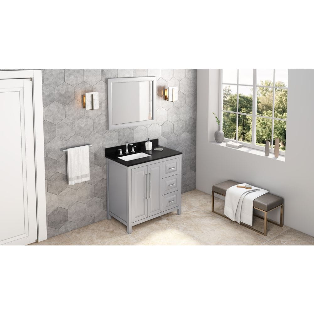 Cade Transitional 36" Grey Left Offset Sink Vanity, Black Granite Top | VKITCAD36GRBGR