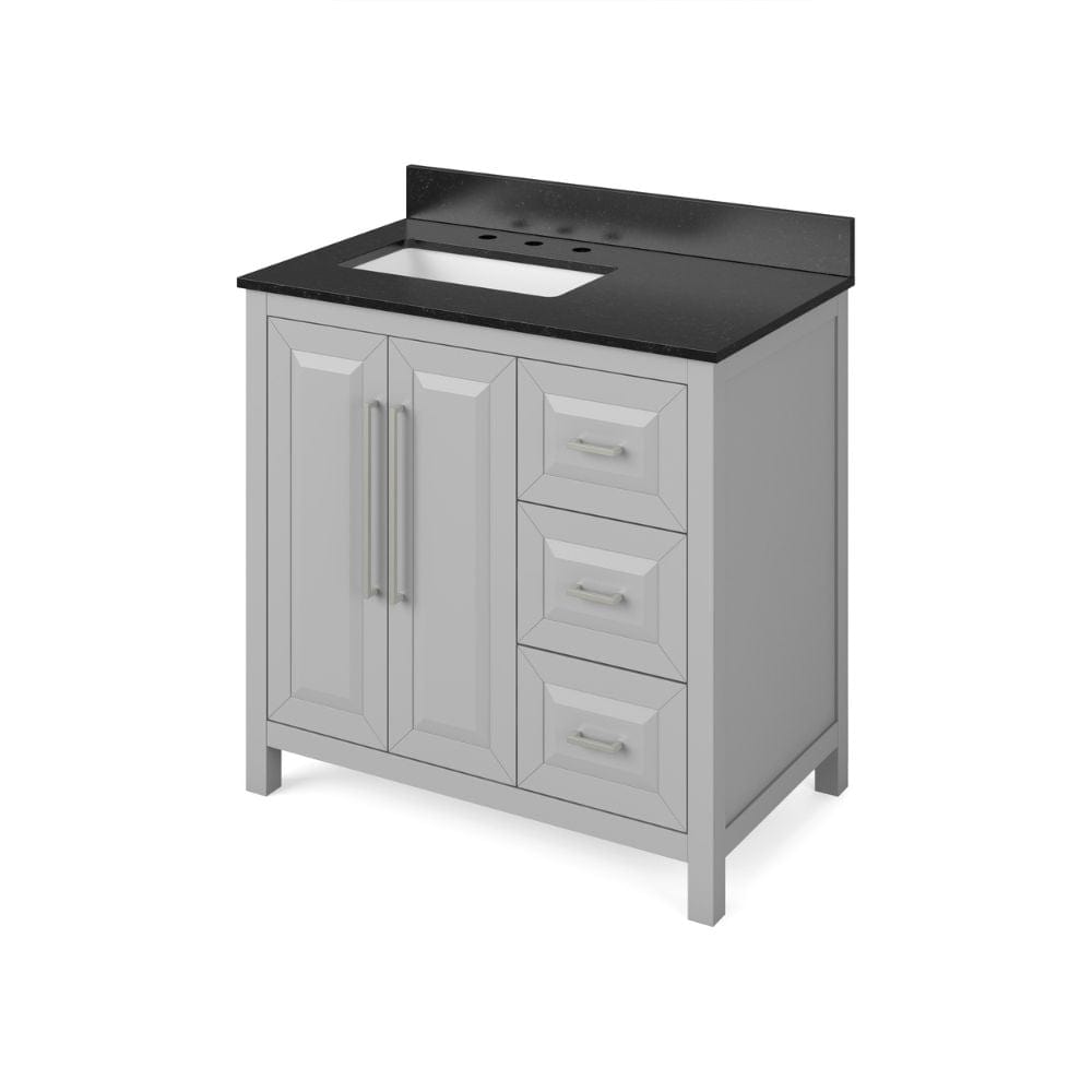 Cade Transitional 36" Grey Left Offset Sink Vanity, Black Granite Top | VKITCAD36GRBGR