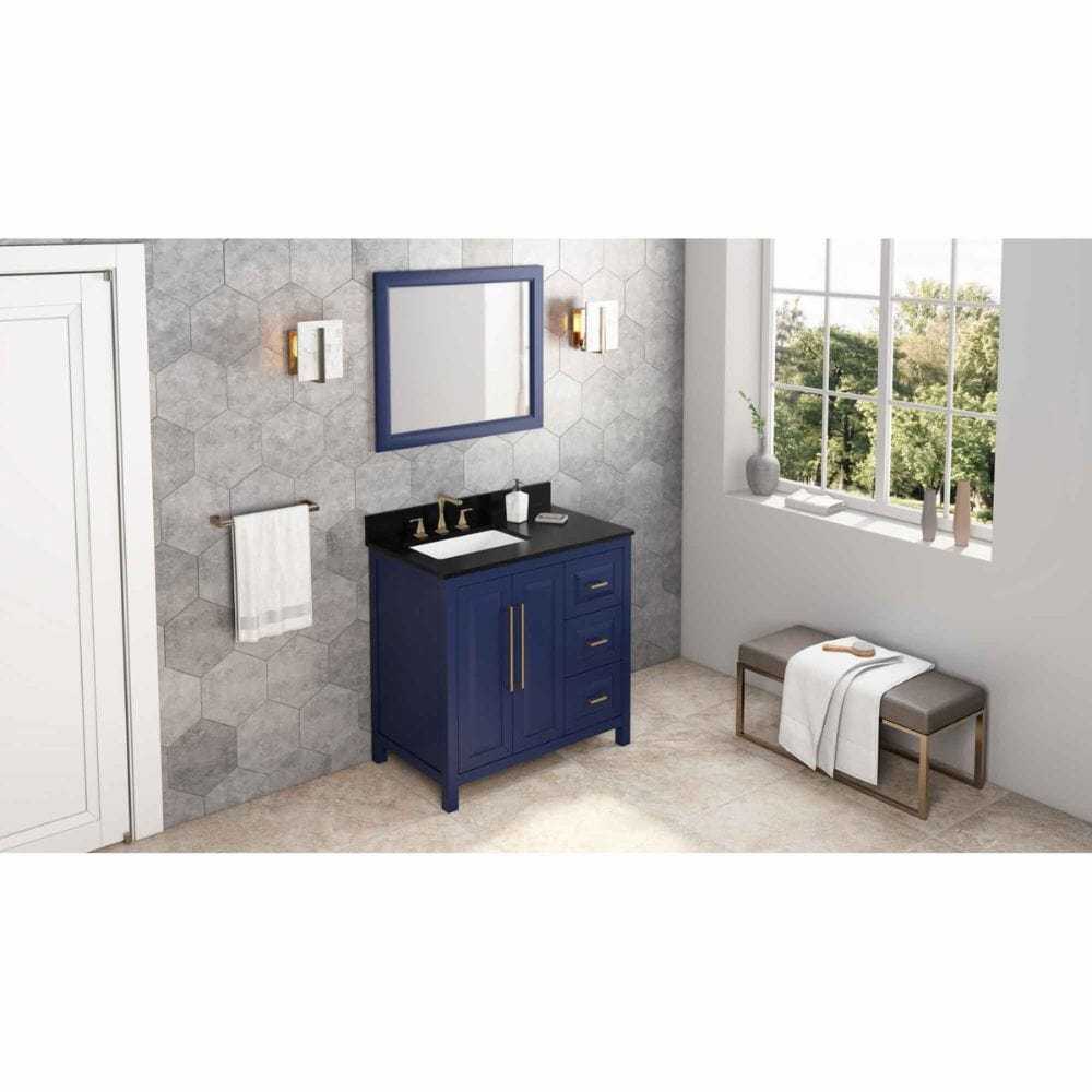 Cade Transitional 36" Hale Blue Left Offset Sink Vanity, Black Granite Top | VKITCAD36BLBGR