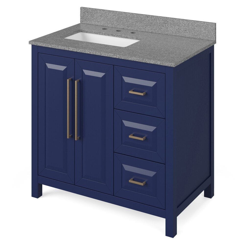 Cade Transitional 36" Hale Blue Left Offset Sink Vanity, Steel Grey Cultured Marble Top | VKITCAD36BLSGR