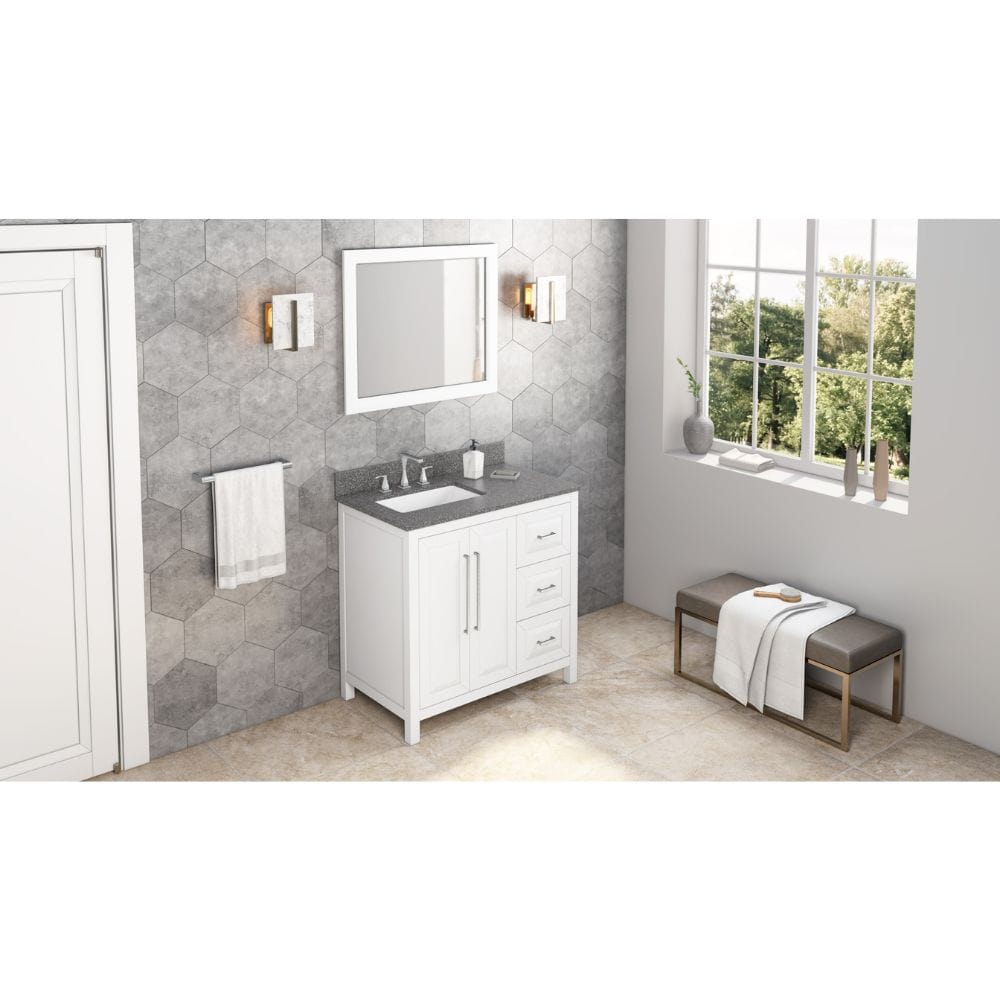 Cade Transitional 36" White Left Offset Sink Vanity, Boulder Vanity Cultured Marble Top | VKITCAD36WHBOR