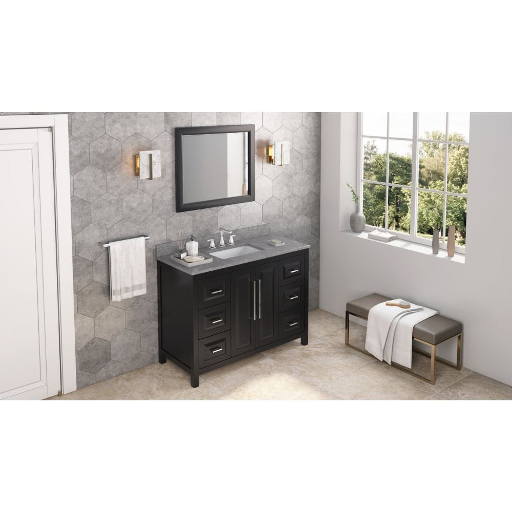 Cade Transitional 48" Black Bathroom Vanity, Steel Grey Cultured Marble Top | VKITCAD48BKSGR