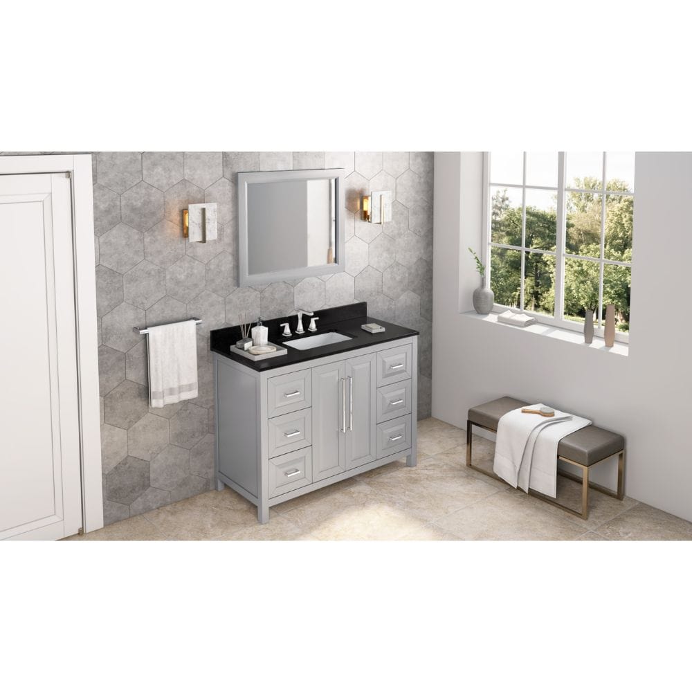 Cade Transitional 48" Grey Bathroom Vanity, Black Granite Top | VKITCAD48GRBGR