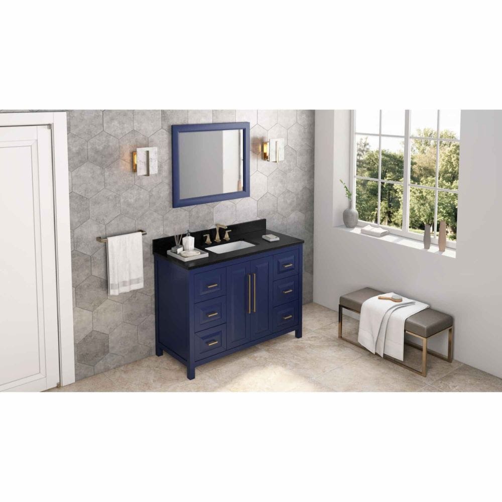 Cade Transitional 48" Hale Blue Bathroom Vanity, Black Granite Top | VKITCAD48BLBGR