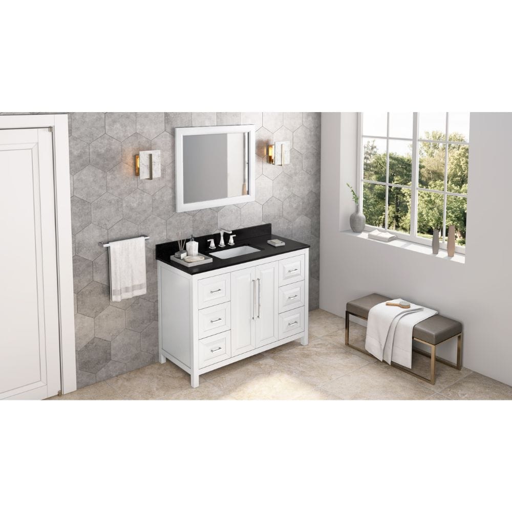 Cade Transitional 48" White Bathroom Vanity, Black Granite Top | VKITCAD48WHBGR