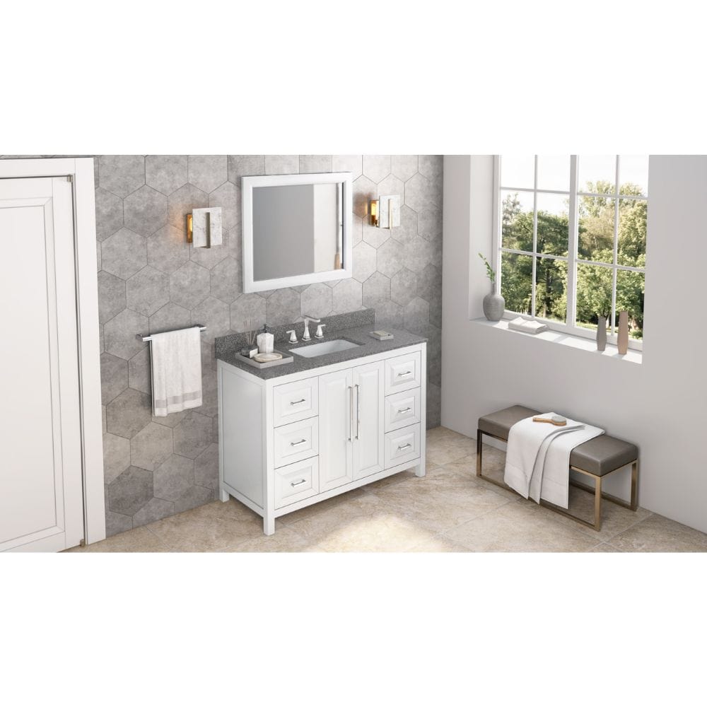 Cade Transitional 48" White Bathroom Vanity, Boulder Cultured Marble Top | VKITCAD48WHBOR