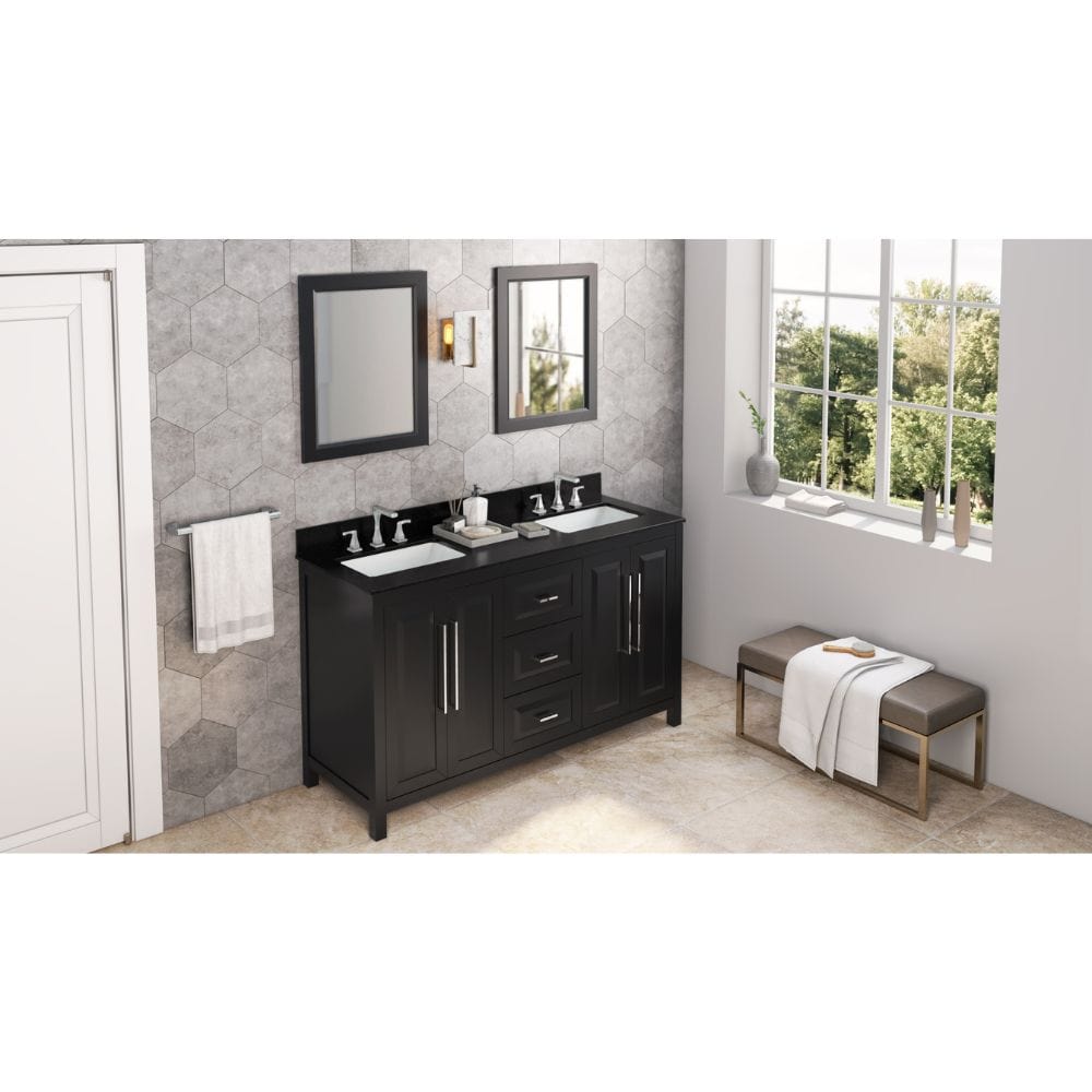 Cade Transitional 60" Black Double Sink Vanity, Black Granite Top | VKITCAD60BKBGR