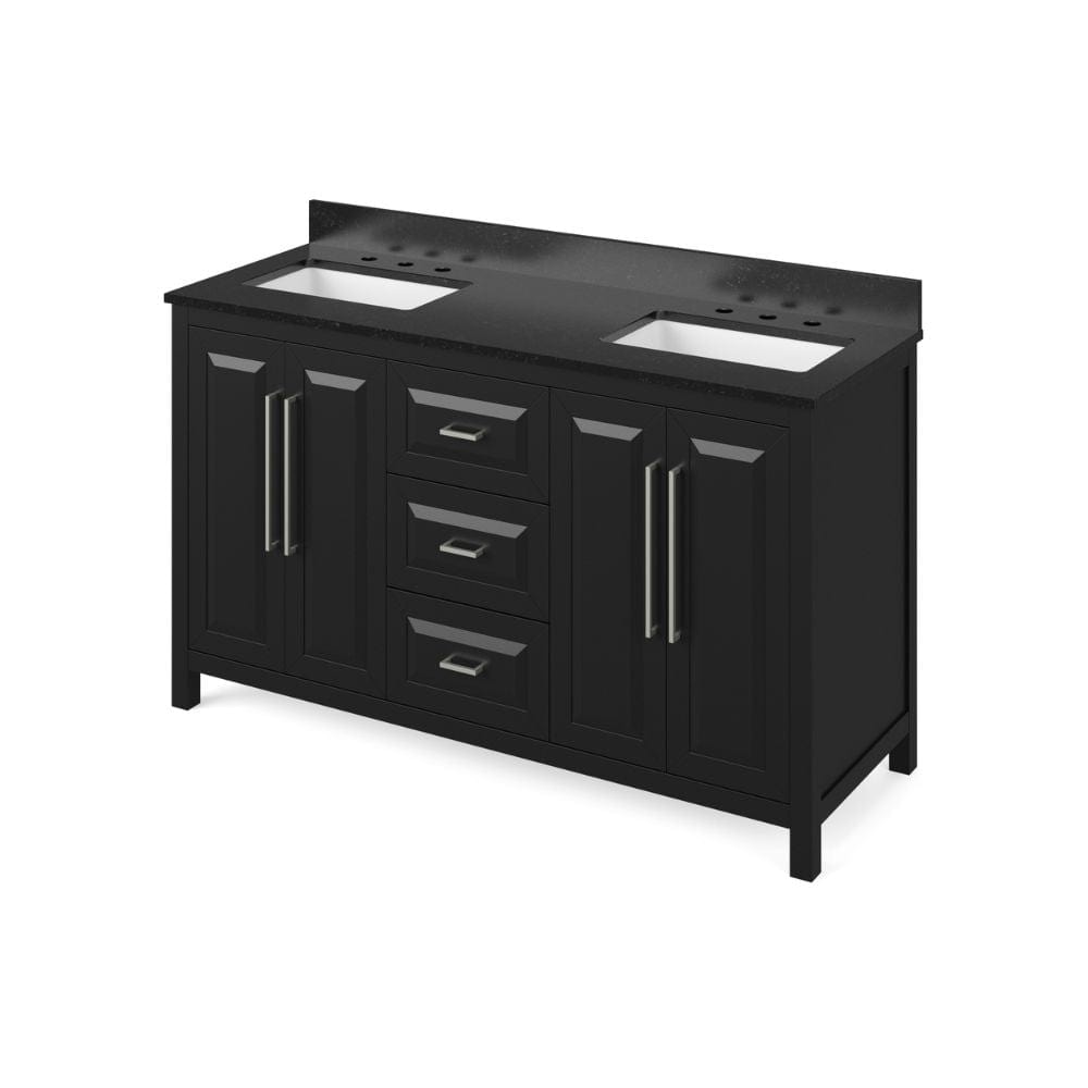 Cade Transitional 60" Black Double Sink Vanity, Black Granite Top | VKITCAD60BKBGR