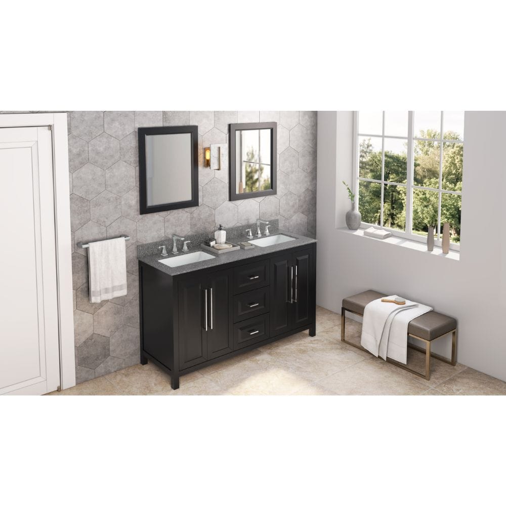 Cade Transitional 60" Black Double Sink Vanity, Boulder Cultured Marble Top | VKITCAD60BKBOR