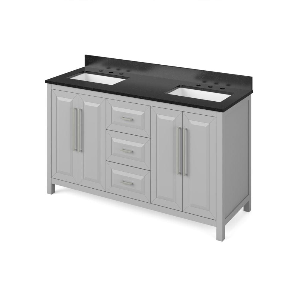 Cade Transitional 60" Grey Double Sink Vanity, Black Granite Top | VKITCAD60GRBGR