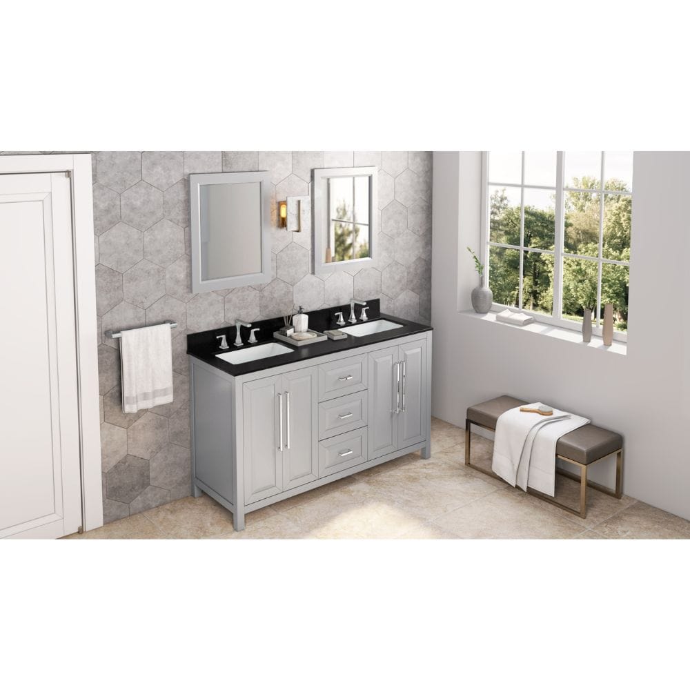 Cade Transitional 60" Grey Double Sink Vanity, Black Granite Top | VKITCAD60GRBGR