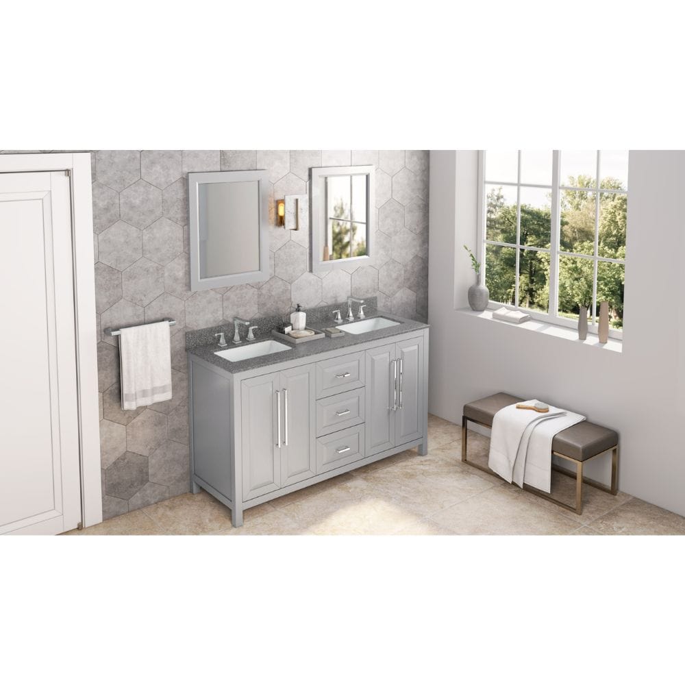 Cade Transitional 60" Grey Double Sink Vanity, Boulder Cultured Marble Top | VKITCAD60GRBOR