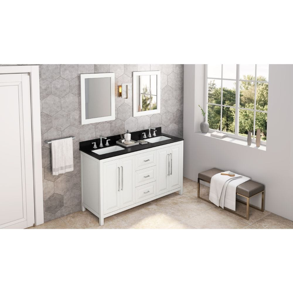 Cade Transitional 60" White Double Sink Vanity, Black Granite Top | VKITCAD60WHBGR