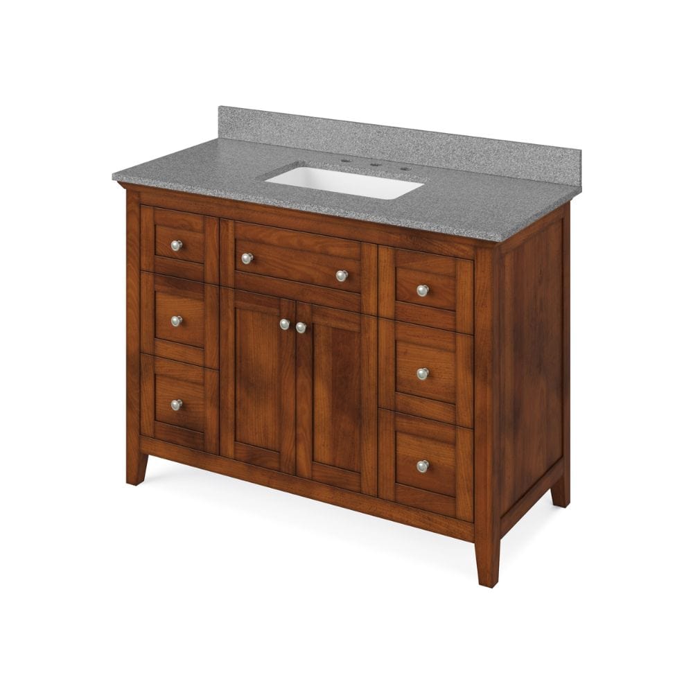 Chatham Transitional 48" Chocolate Single Vanity, Steel Grey Cultured Marble Top | VKITCHA48CHSGR