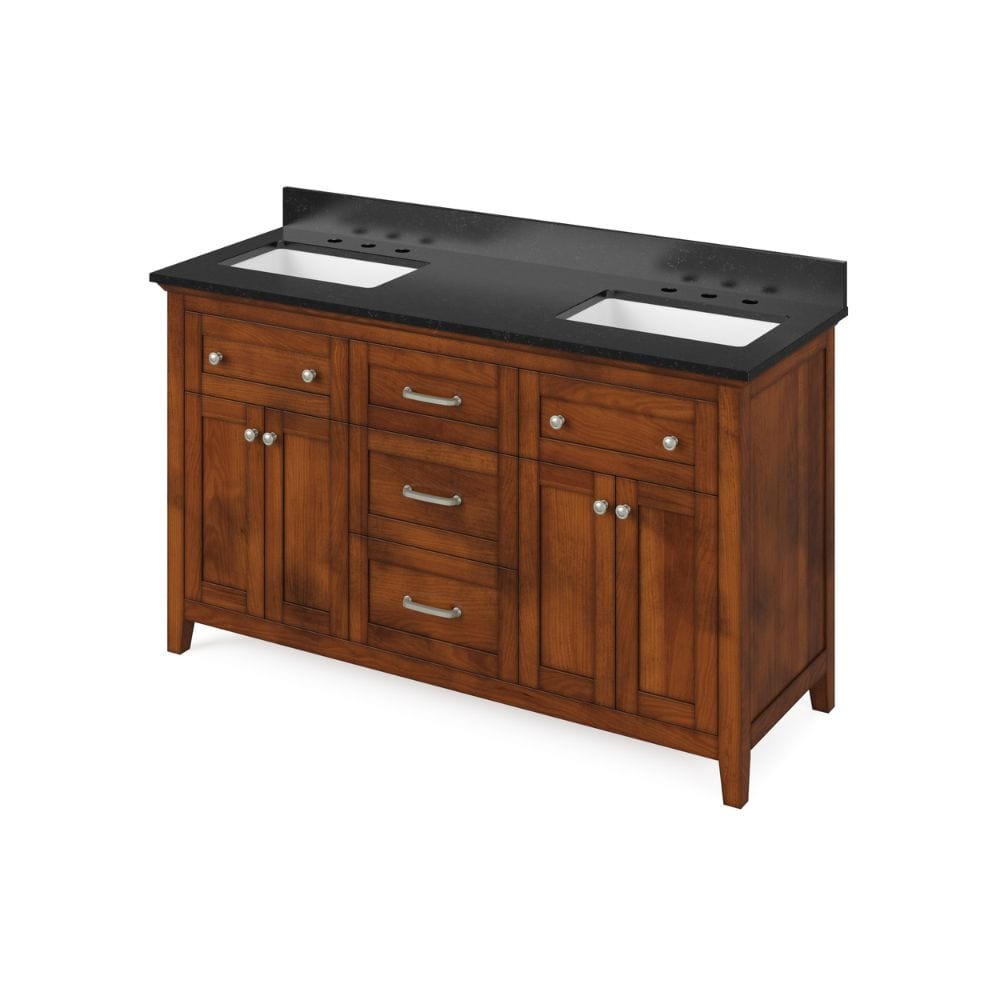 Chatham Traditional 60" Chocolate Double Sink Vanity, Black Granite Top | VKITCHA60CHBGR