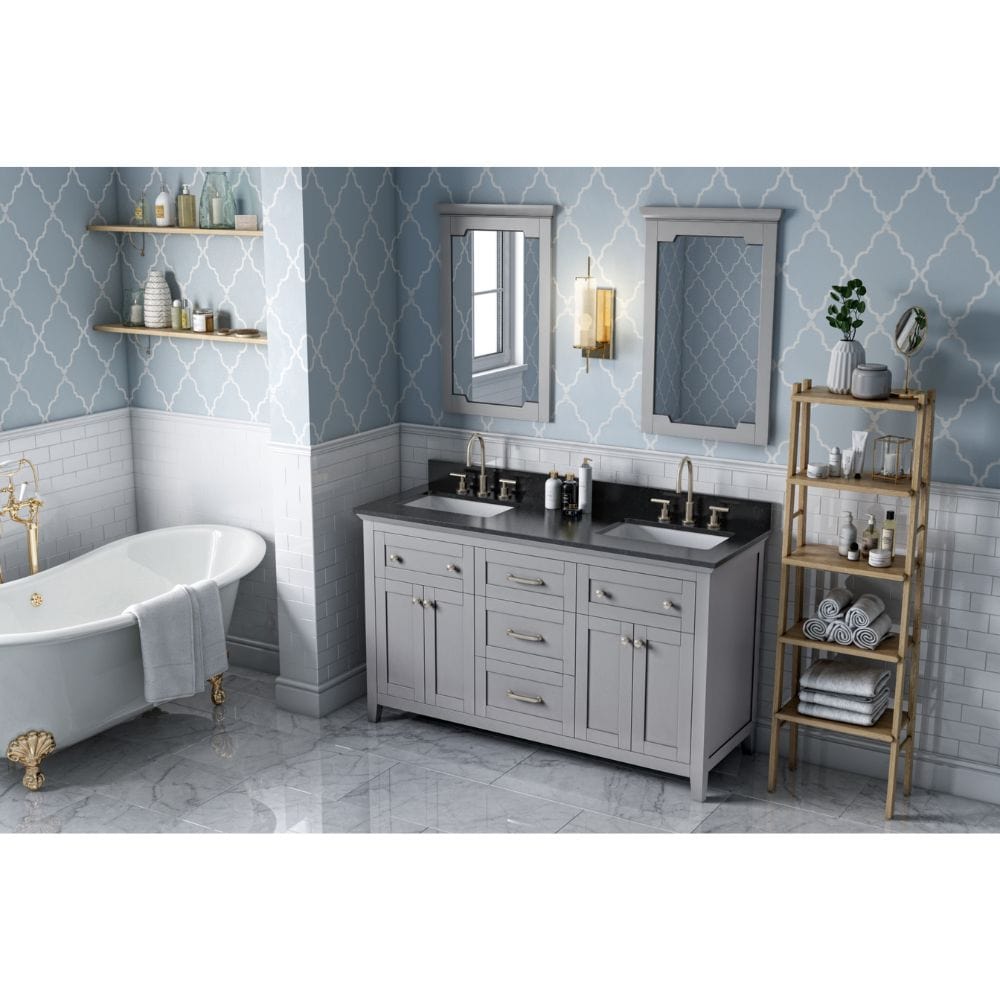 Chatham Traditional 60" Grey Double Sink Vanity, Black Granite Top | VKITCHA60GRBGR