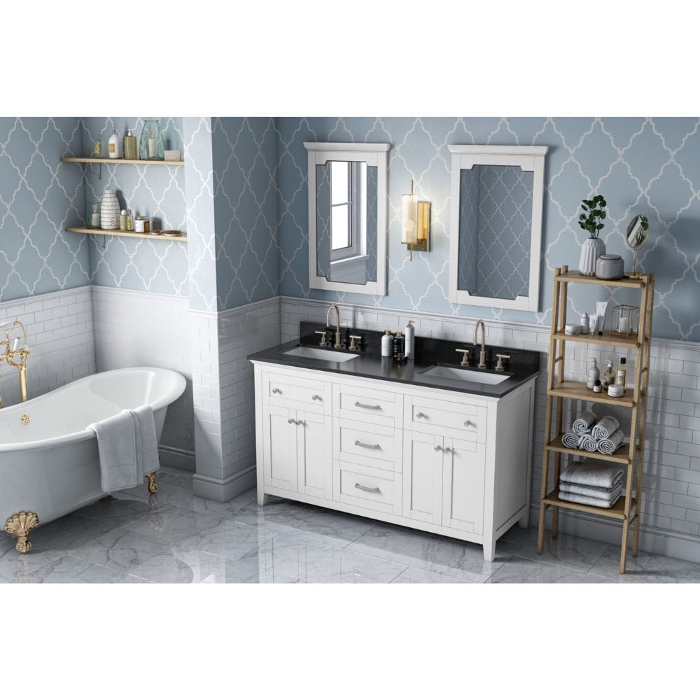 Chatham Traditional 60" White Double Sink Vanity, Black Granite Top | VKITCHA60WHBGR