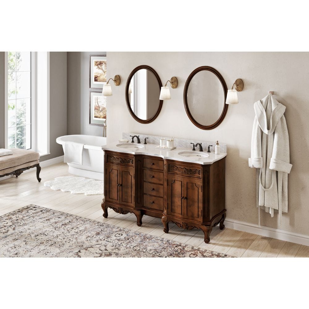 Clairemont Nutmeg 60" Double Oval Sink Vanity with Carrara Marble Top | VKITCLA60NUWCO