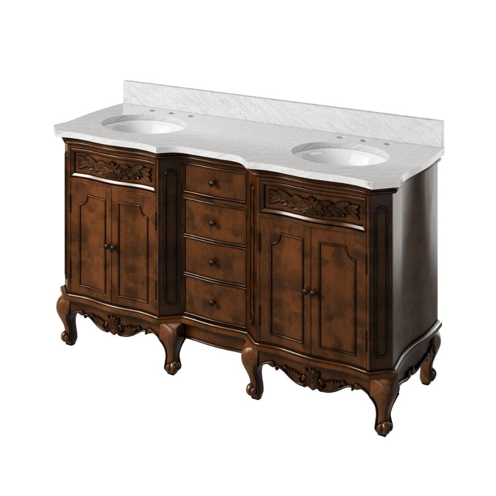 Clairemont Nutmeg 60" Double Oval Sink Vanity with Carrara Marble Top | VKITCLA60NUWCO