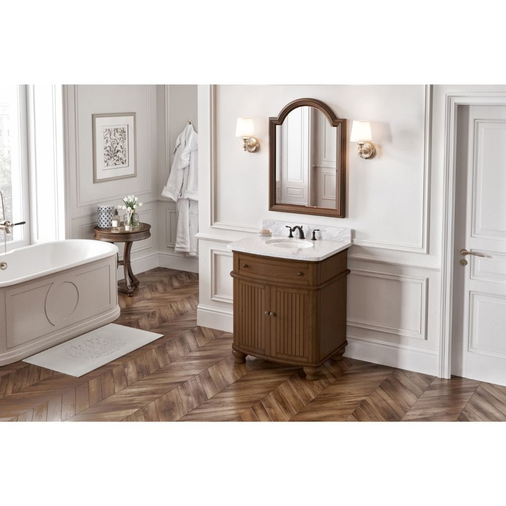 Compton Traditional Walnut 30" Oval Sink Vanity with White Carrara Marble Top | VKITCOM30WAWCO