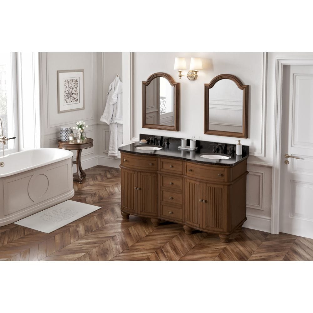 Compton Traditional Walnut 60" Double Oval Sink Vanity with Black Granite Top | VKITCOM60WABGO