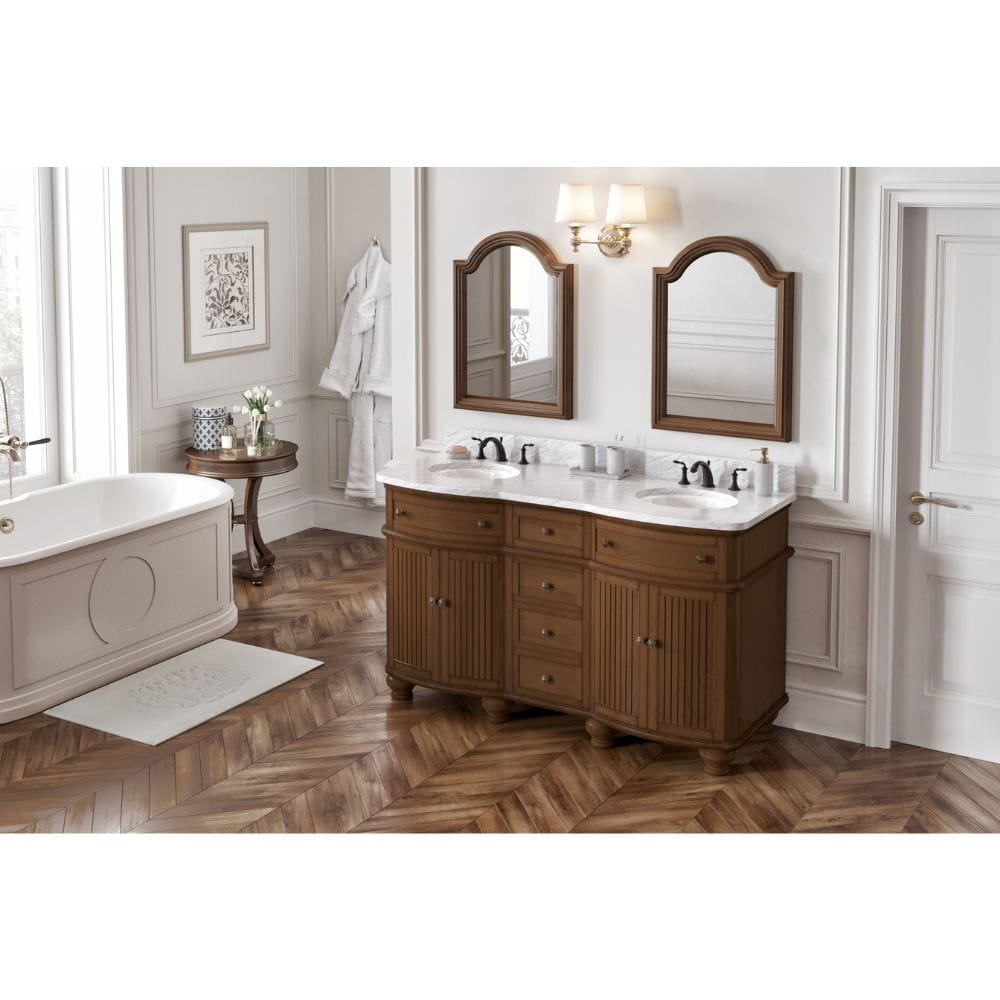 Compton Traditional Walnut 60" Double Oval Sink Vanity with Carrara Marble Top | VKITCOM60WAWCO